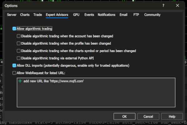 MetaTrader 5 Expert Advisors options for AlgoWayWS-MT5 EA