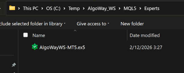 MetaTrader 5 Experts folder for AlgoWayWS-MT5 EA