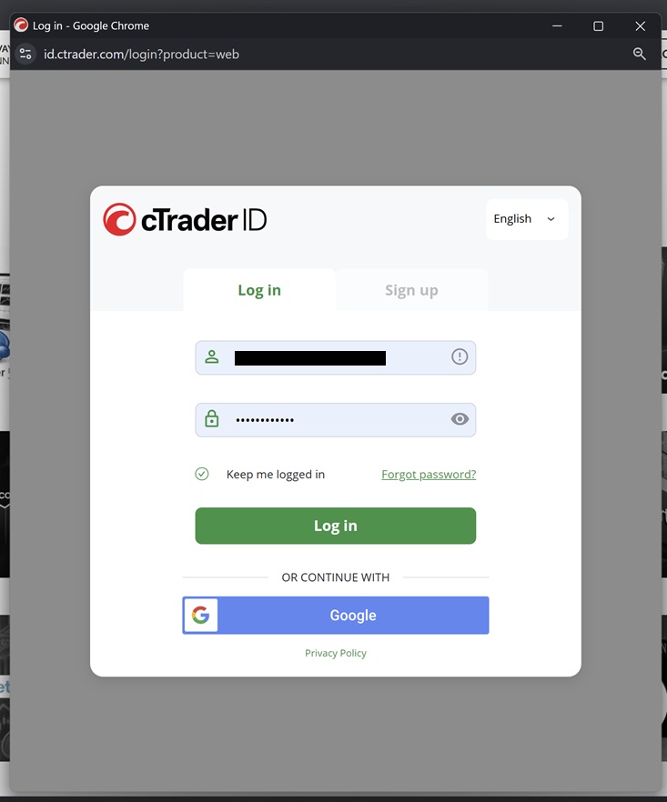 cTrader OAuth authorization and connected O-API account fields