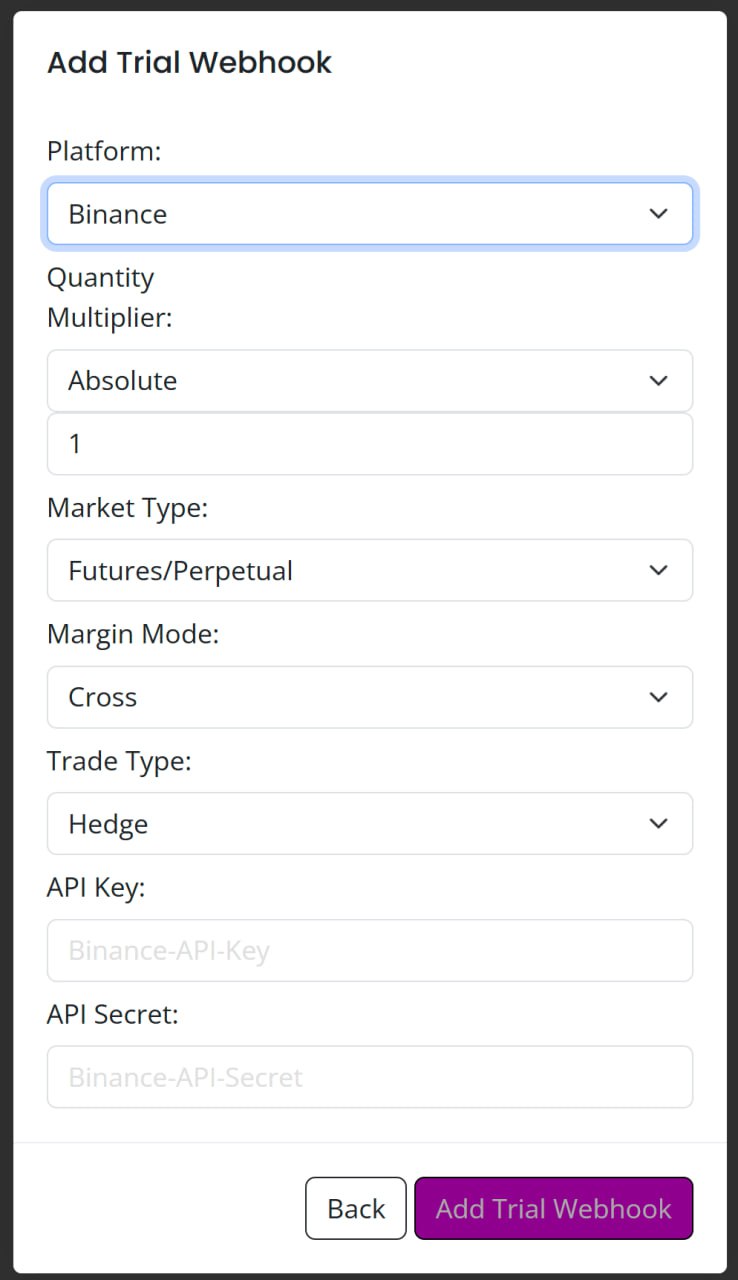 Add Binance webhook in AlgoWay dashboard