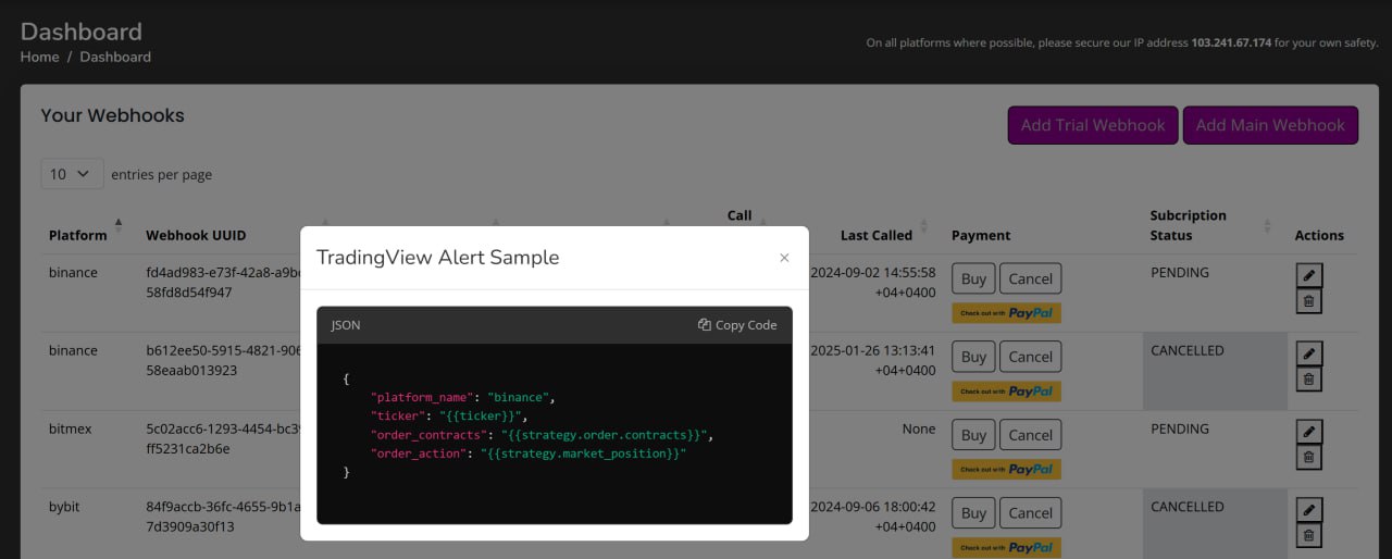 Configure Binance webhook settings in AlgoWay