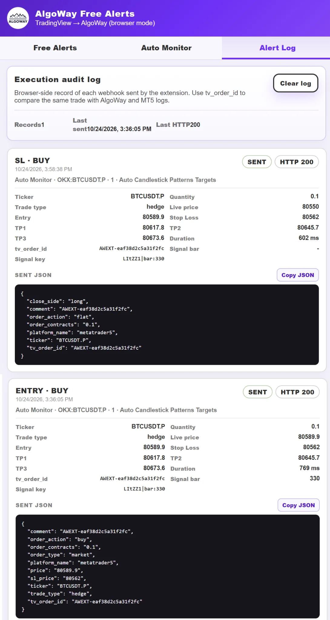 AlgoWay Alert Log with ENTRY and SL audit records, HTTP status, order identifier and JSON payload