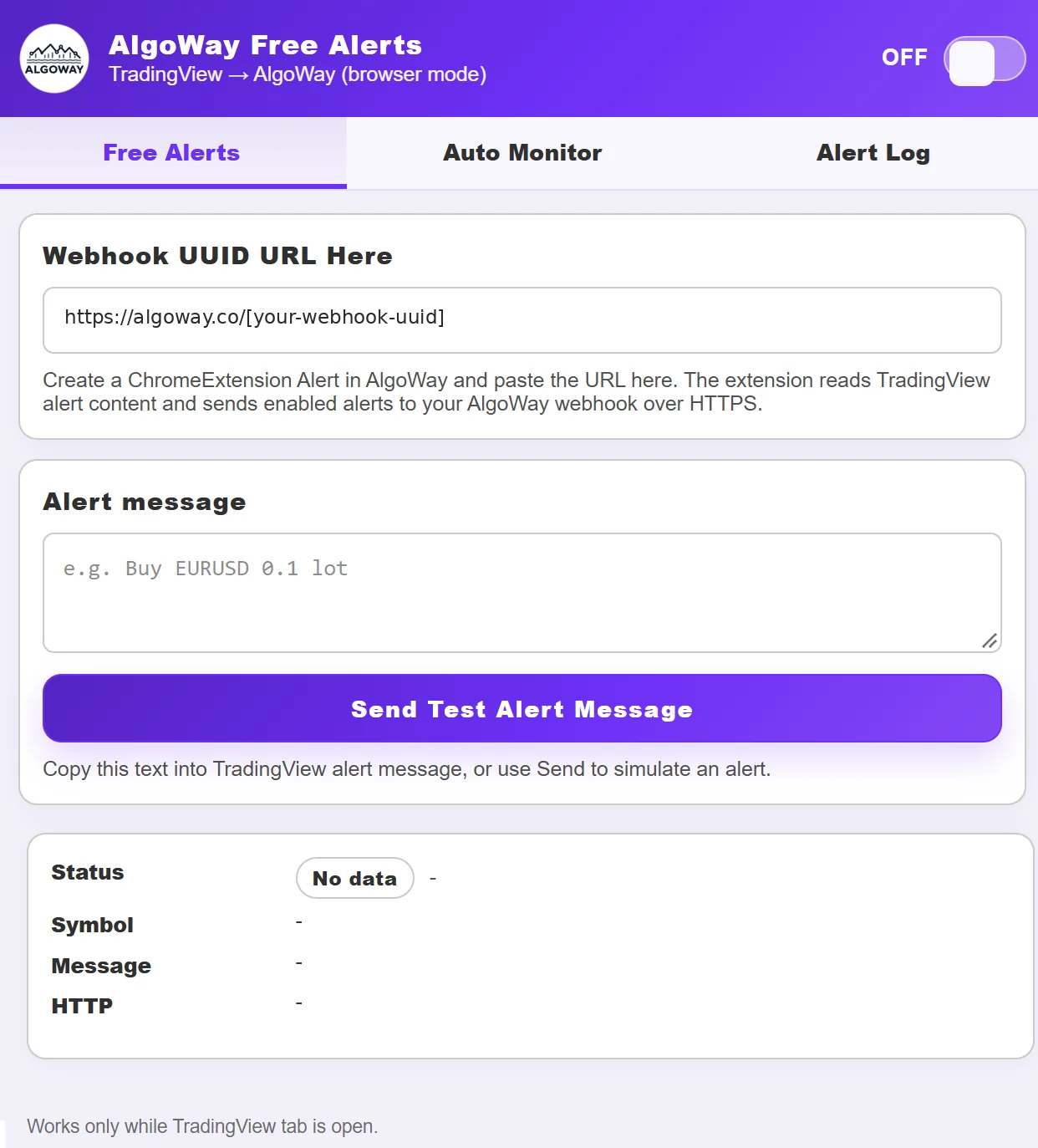 AlgoWay Free Alerts tab showing webhook URL, alert message, test button and status fields