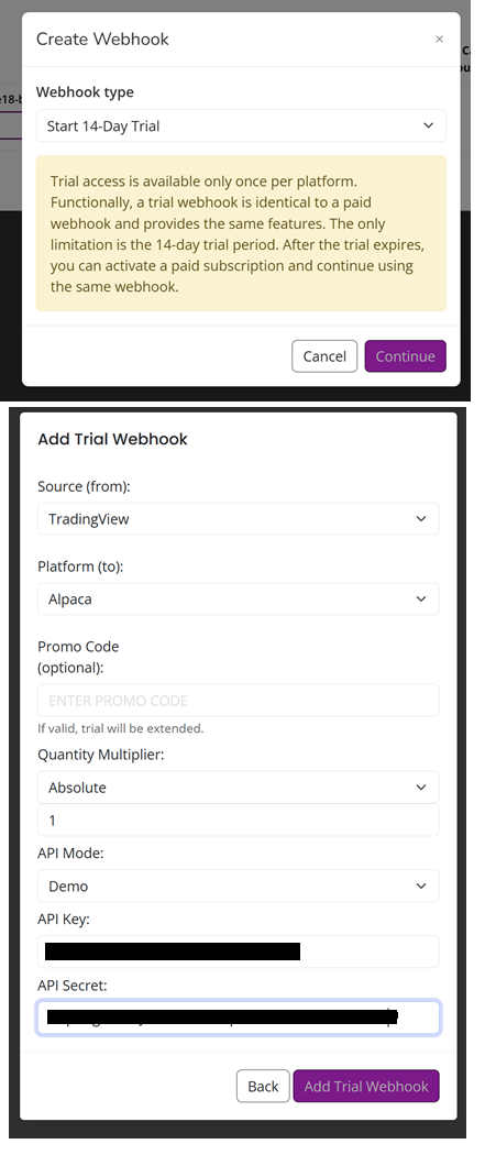 Create Alpaca webhook in AlgoWay dashboard