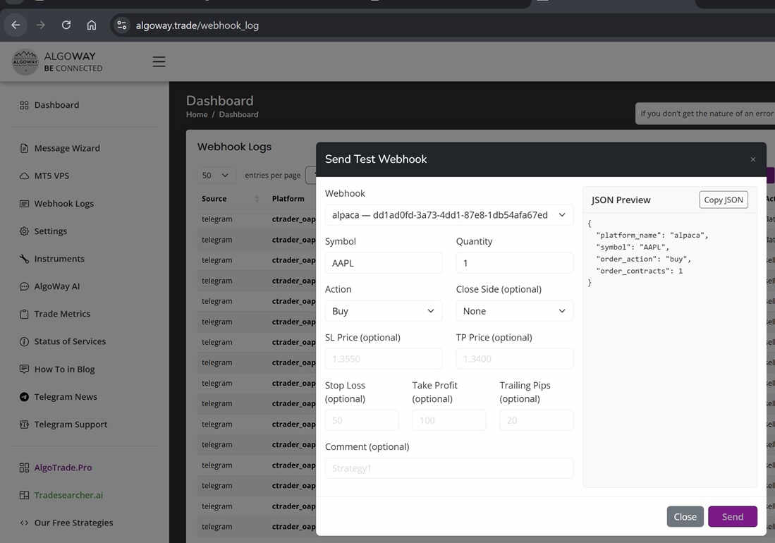 Send Alpaca test webhook from AlgoWay dashboard