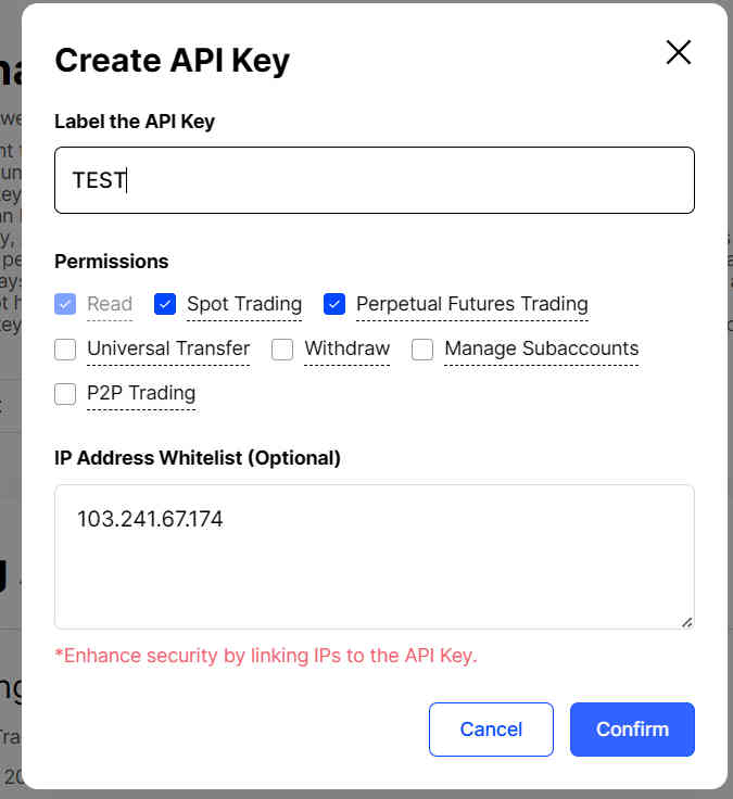 Create BingX API key with Read, Spot and Perpetual Futures permissions
