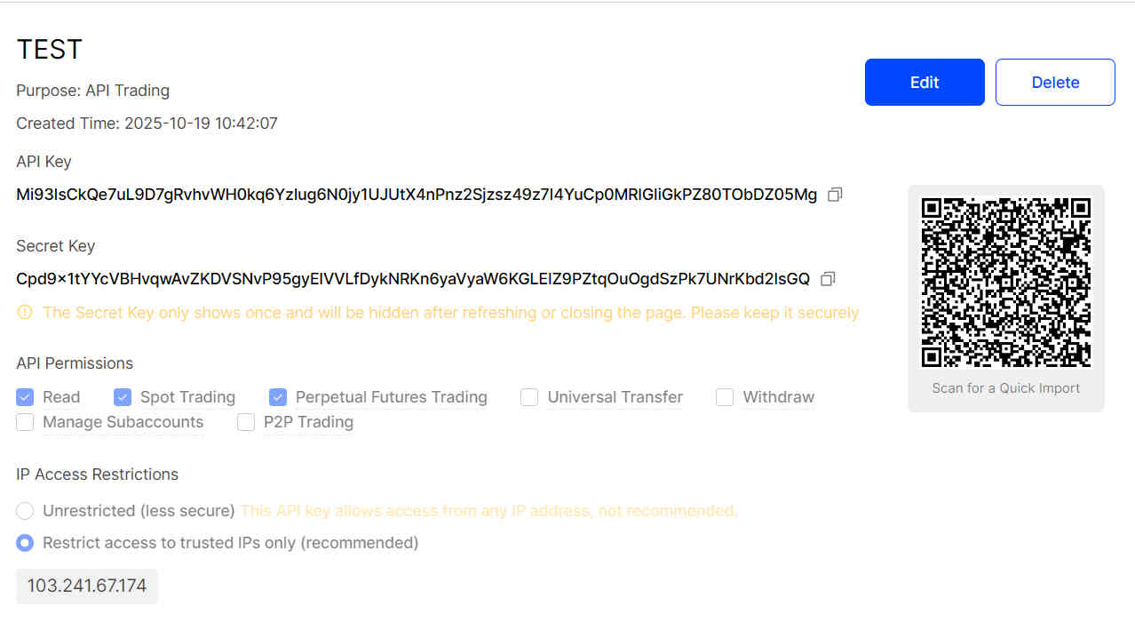 BingX API key details with trading permissions and IP restriction