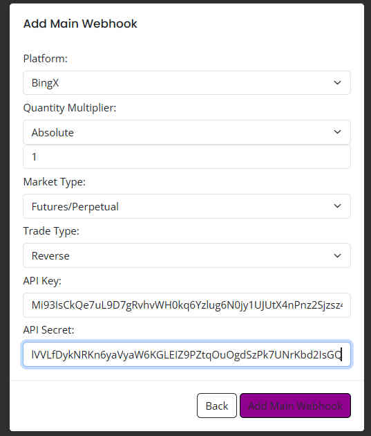 AlgoWay BingX webhook form with API key and futures settings