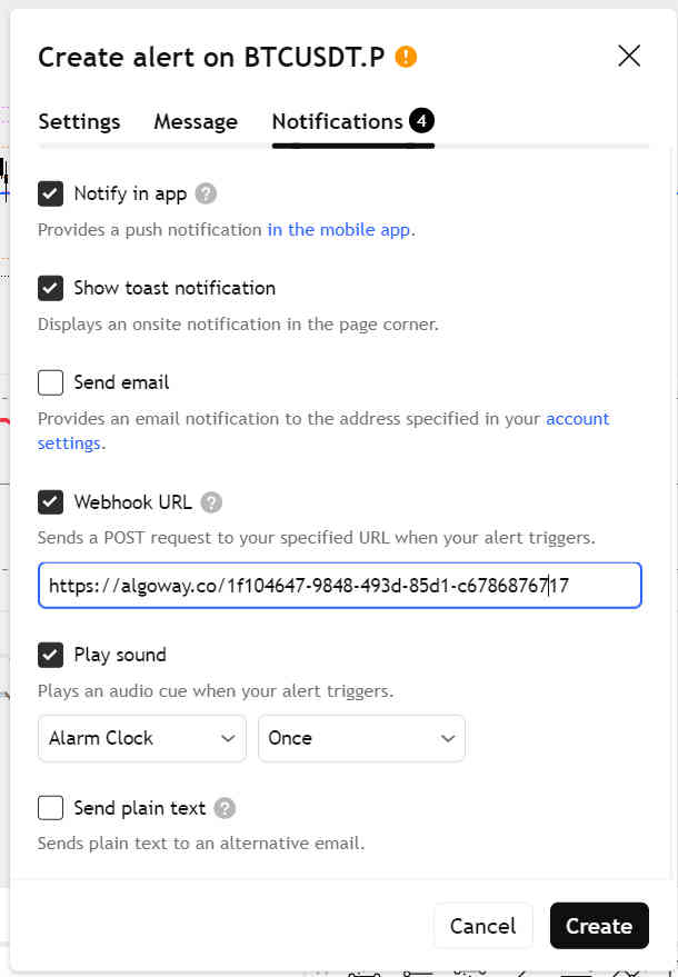 TradingView Notifications tab with AlgoWay webhook URL for BingX