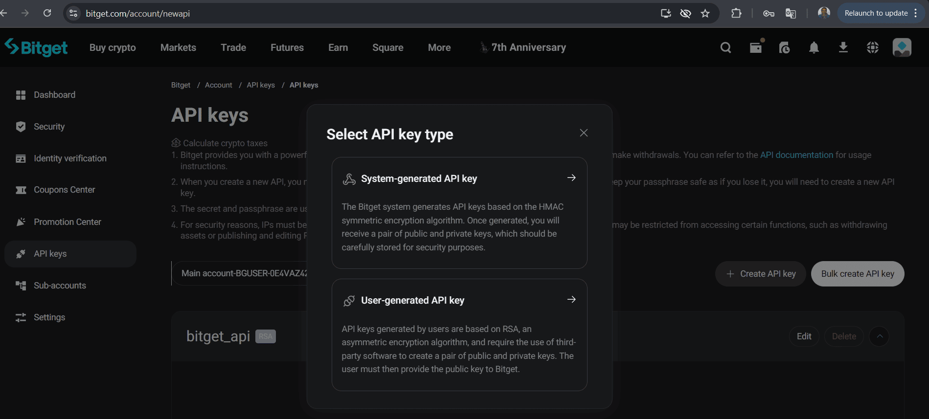 Bitget API key type selection for RSA key setup