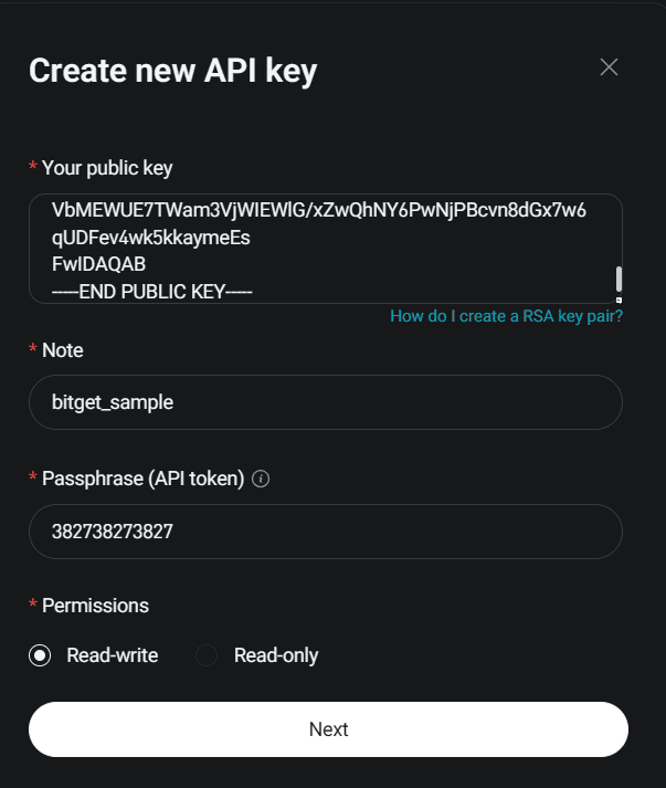 Bitget RSA key generator window for public and private key pair