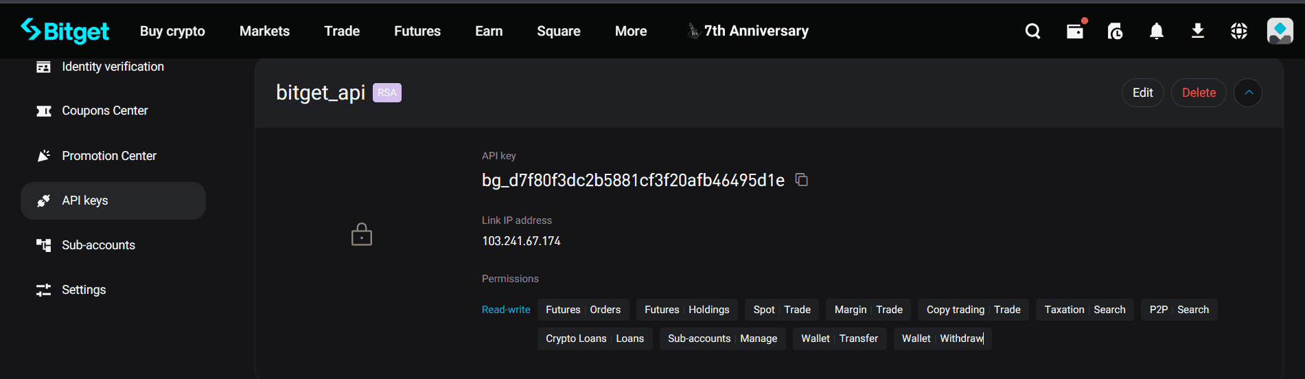 Bitget API permissions and IP binding for AlgoWay