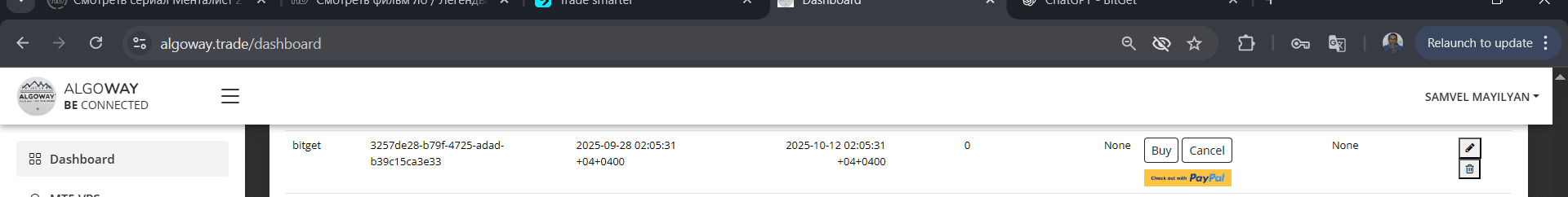 Created Bitget API key card with RSA type, IP binding and permissions