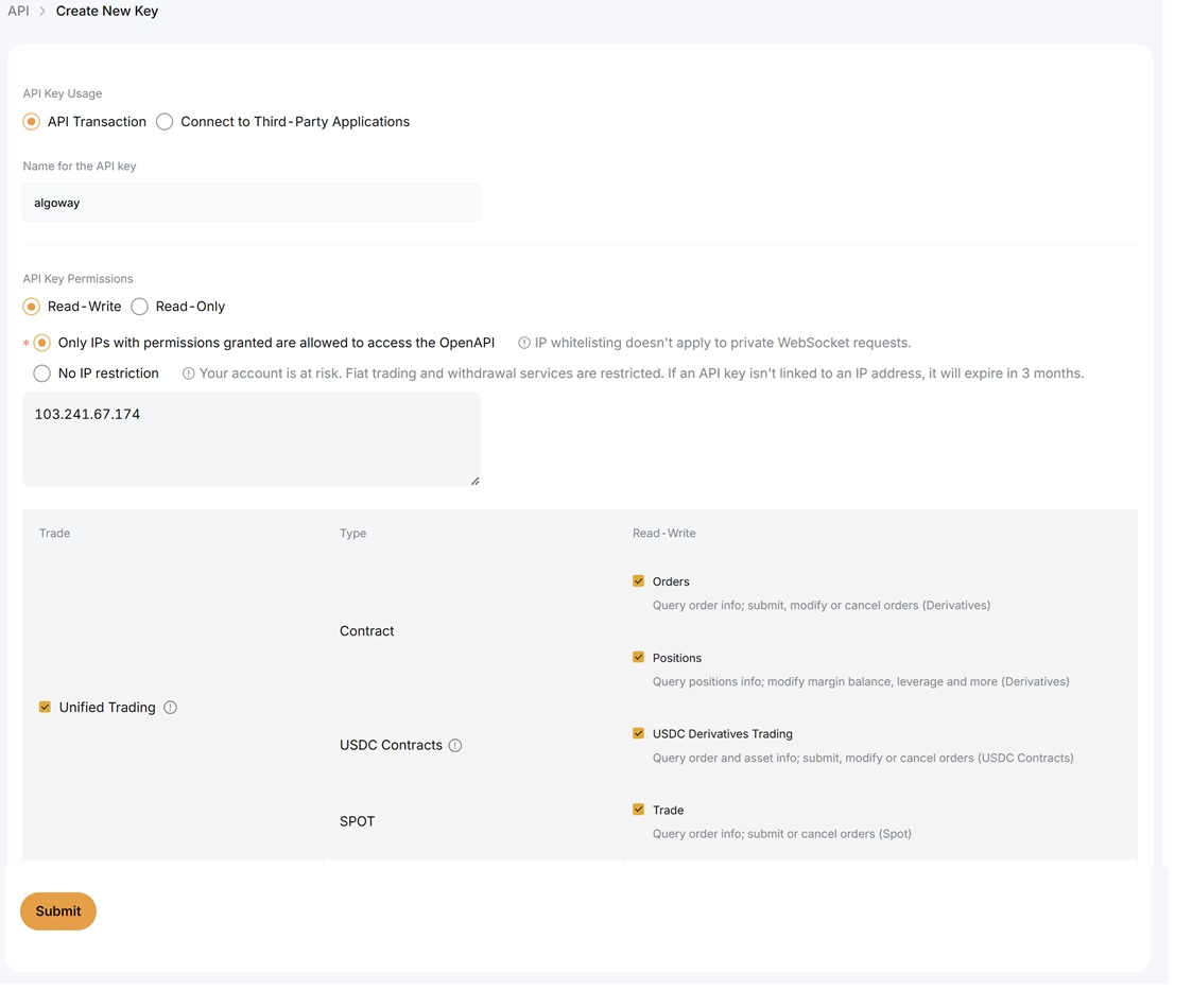 Create Bybit API key for AlgoWay TradingView webhook automation