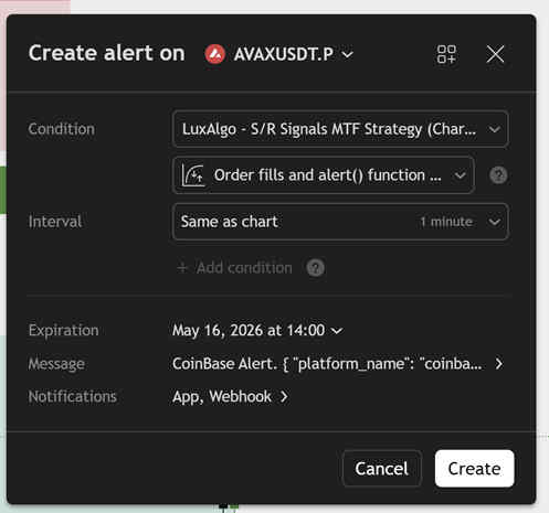 TradingView create alert window for Coinbase