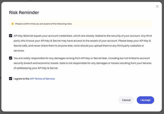 Gate.io API risk reminder before creating API key