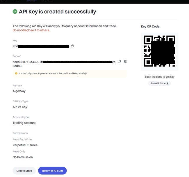 Gate.io API key and secret created for AlgoWay