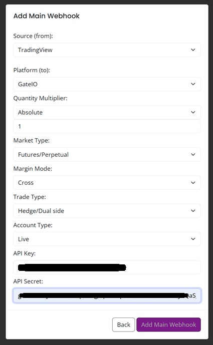 Configure Gate.io webhook credentials in AlgoWay