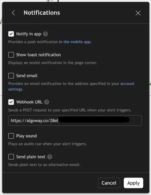 Paste AlgoWay webhook URL into TradingView for Gate.io