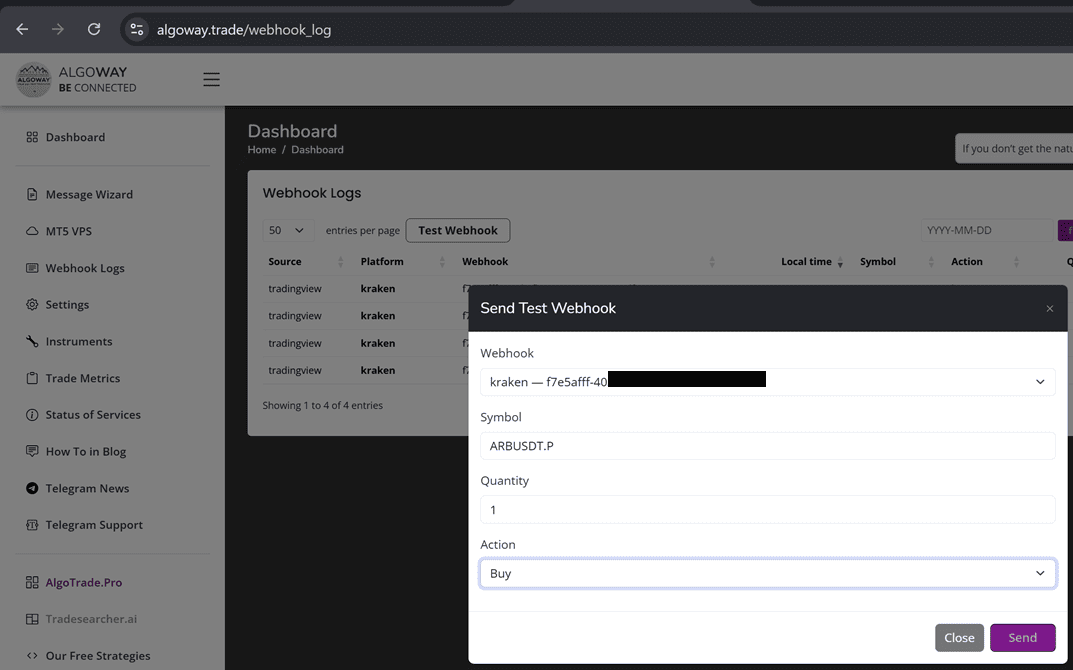 Test Webhook window with Kraken route selected