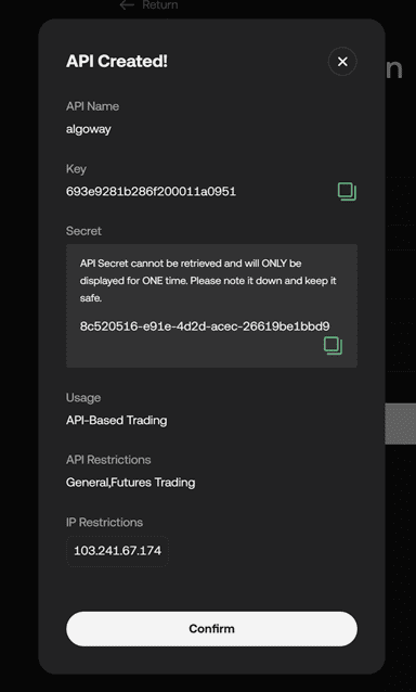 KuCoin newly created API Key and API Secret