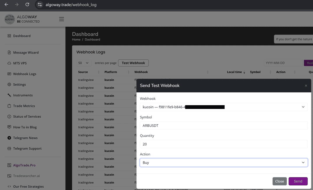 AlgoWay Test Webhook dialog for KuCoin Futures