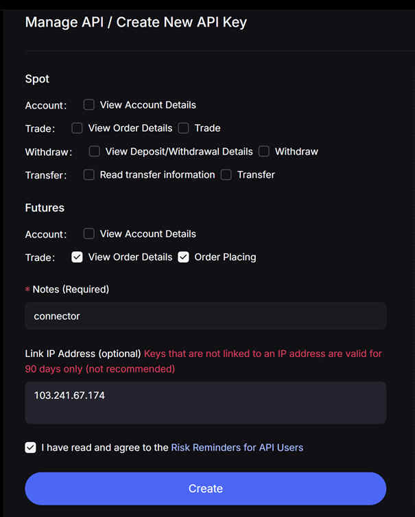 MEXC Create New API Key screen with Futures permissions and linked IP address field