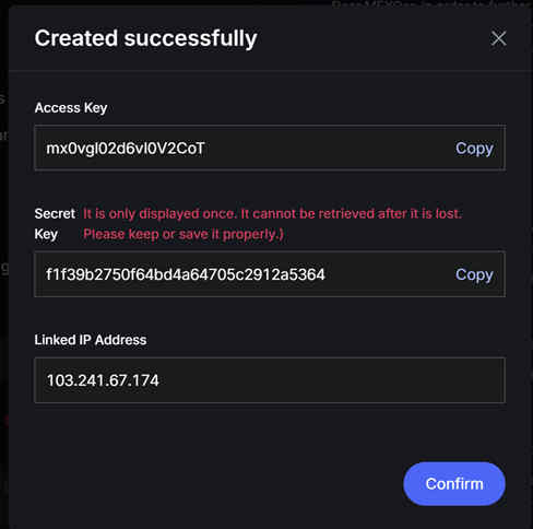 MEXC API key created successfully window showing Access Key, Secret Key and Linked IP Address