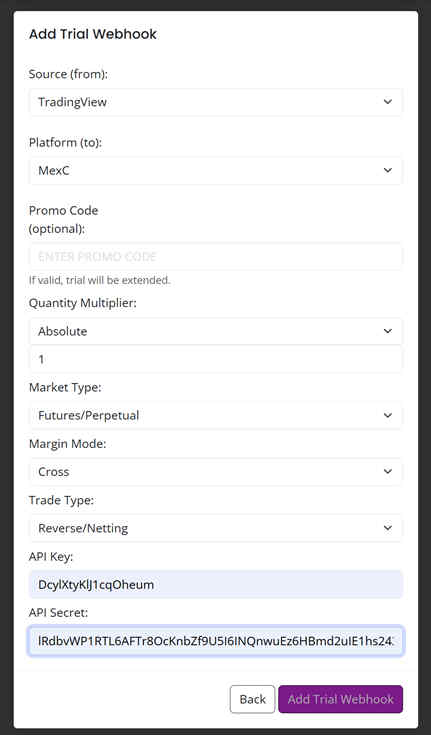 AlgoWay Add Trial Webhook form configured for TradingView to MEXC Futures