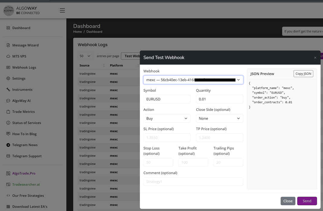 AlgoWay Send Test Webhook modal showing MEXC webhook selection, order fields and JSON preview