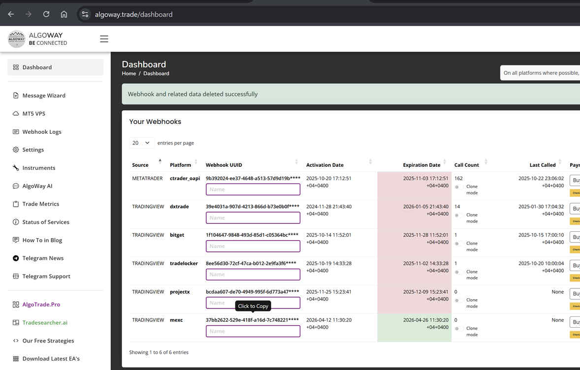 AlgoWay dashboard showing a TradingView to MEXC webhook row and webhook UUID