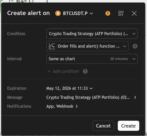 TradingView create alert screen showing condition, message and notifications summary