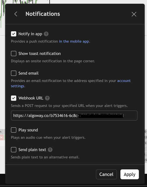 TradingView Notifications section with Webhook URL enabled and AlgoWay URL pasted