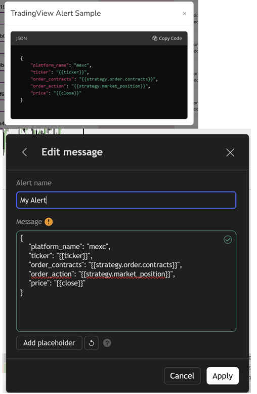 TradingView alert sample JSON and Edit message window with MEXC JSON payload