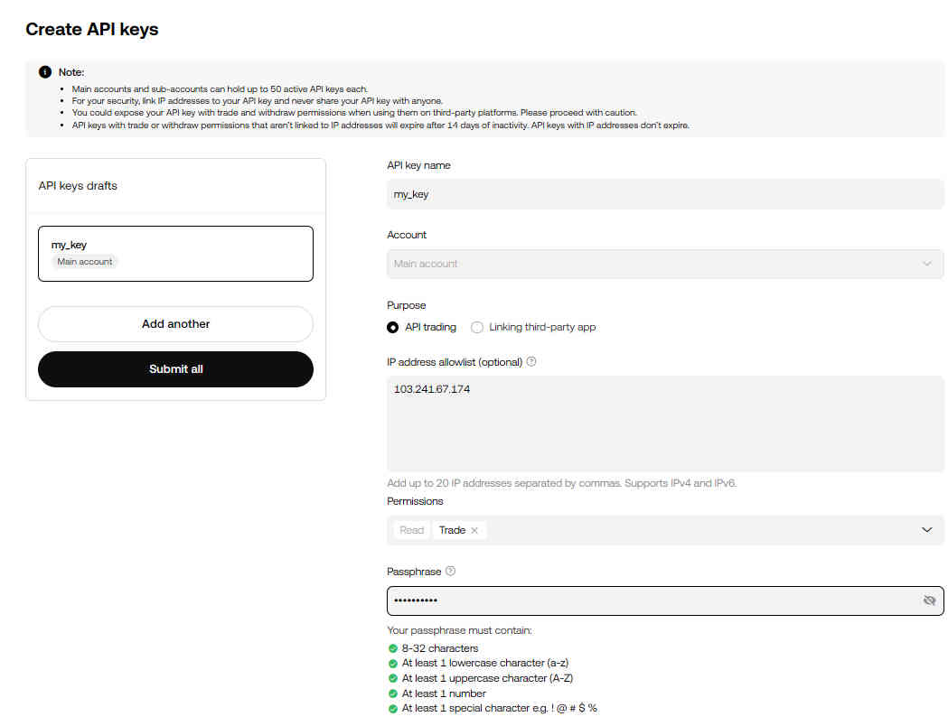OKX create API key screen with IP allowlist, Read and Trade permissions