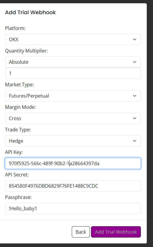 AlgoWay OKX webhook form with API key, secret key, passphrase and futures settings