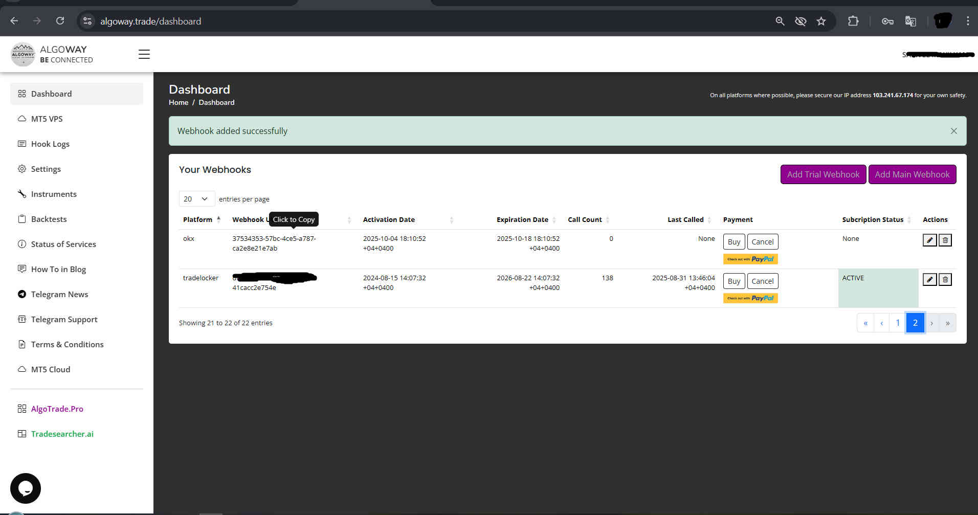 AlgoWay webhook list showing OKX webhook UUID