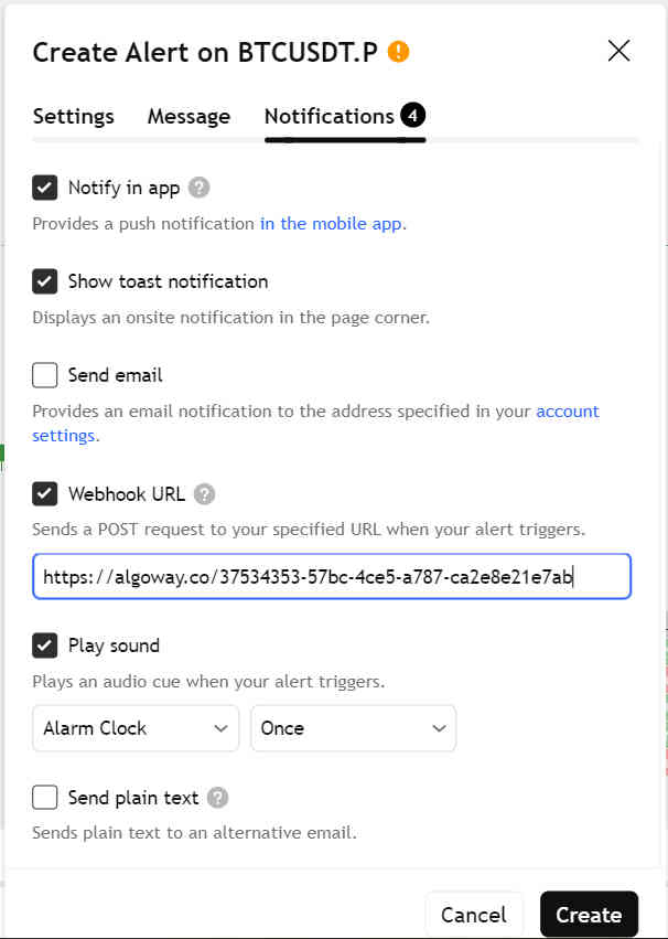 TradingView Webhook URL field for AlgoWay OKX automation