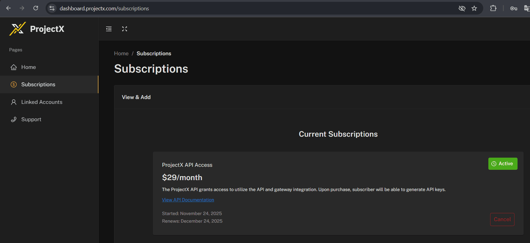 ProjectX subscription screen for API Access