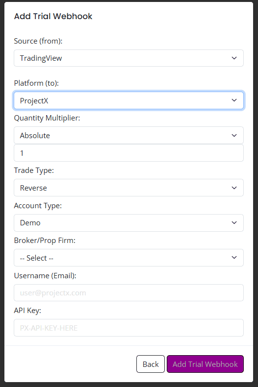 AlgoWay ProjectX webhook form