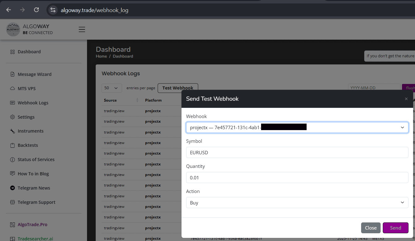 AlgoWay test webhook modal for ProjectX