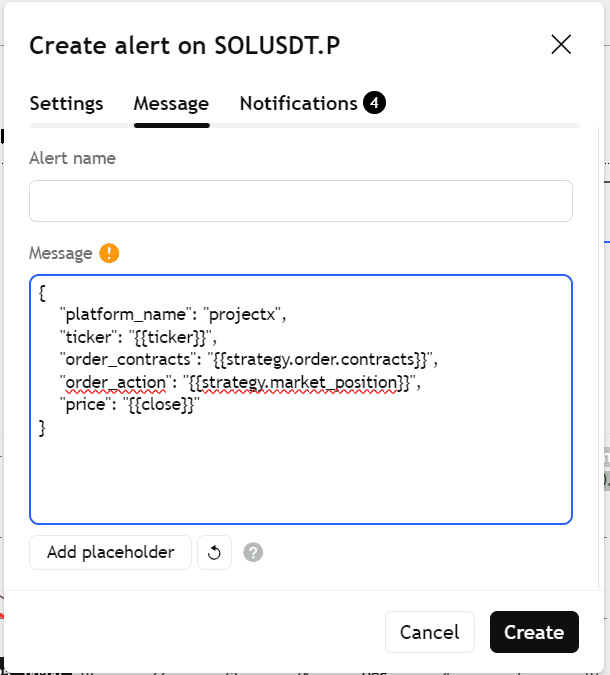 TradingView alert message with ProjectX JSON