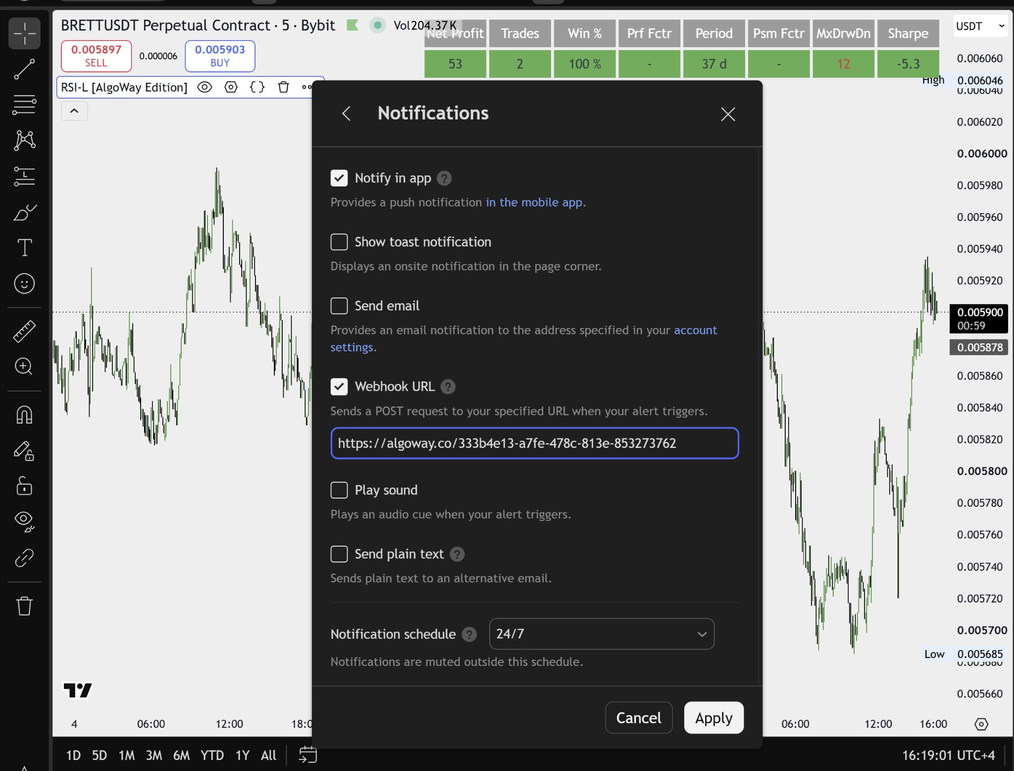 TradingView Webhook URL field configured with an AlgoWay Rithmic webhook