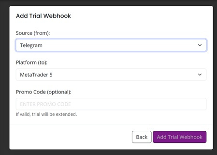 AlgoWay Telegram Copier dashboard with the Create New Telegram Copier button
