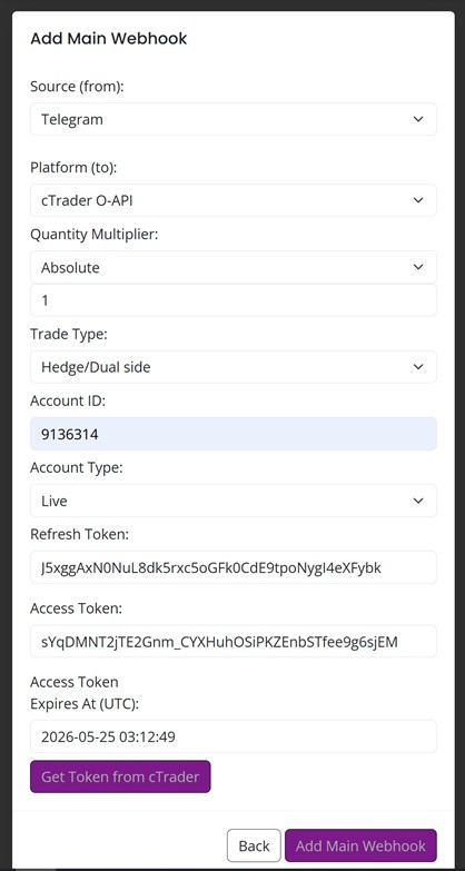 AlgoWay webhook creation page with Telegram as the source and a trading platform as the destination