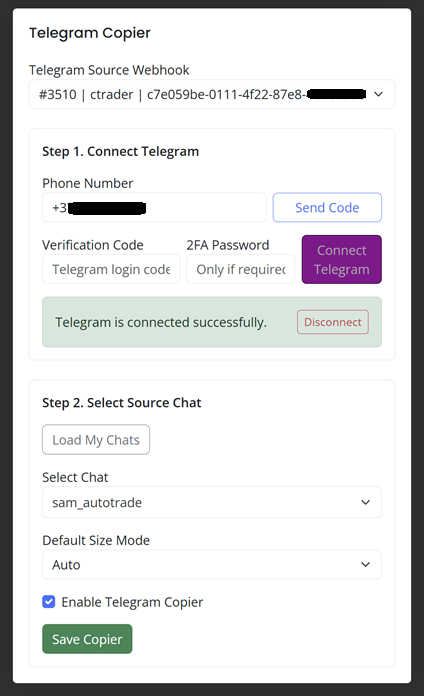 AlgoWay Telegram Copier Settings with a selected source chat and copying options