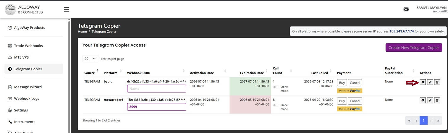 AlgoWay Telegram Copier dashboard showing a created Telegram route and its action icons