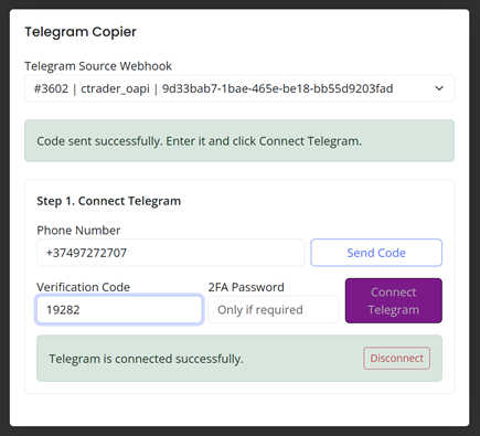 AlgoWay Telegram Copier Settings page with Telegram connection and copying rules