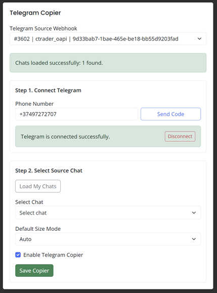 AlgoWay Telegram Copier loading available Telegram channels and groups