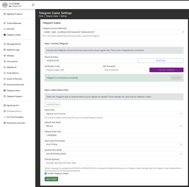AlgoWay Telegram Copier size modes and default order size configuration